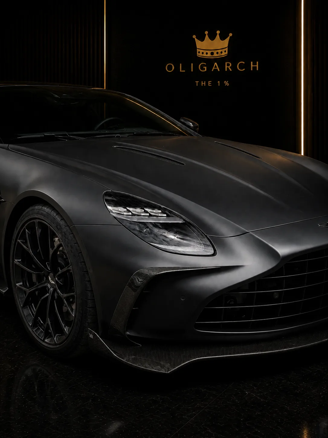 OLIGARCH carbon fibre front splitter on the Aston Martin Vantage